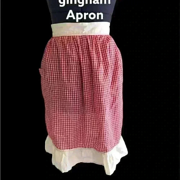 vtg handmade ginham red white apron small medium - Picture 1 of 6
